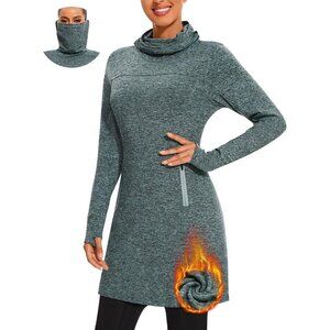 Women's Fleece Dress Running Sweatshirt Dress with Thumb Holes Pocket Teal